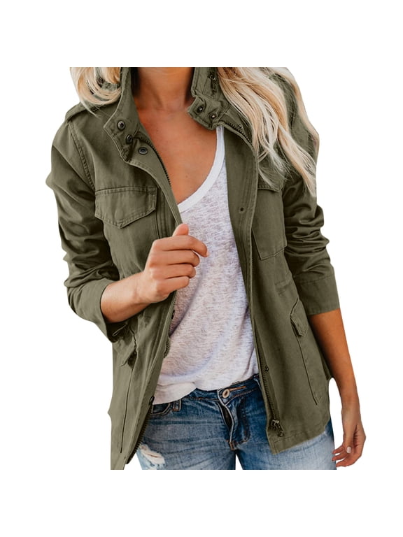 Women Military Anorak Jackets Zip Up Snap Buttons Parka Safari Utility Coats Outwear with Pocket Army Green L