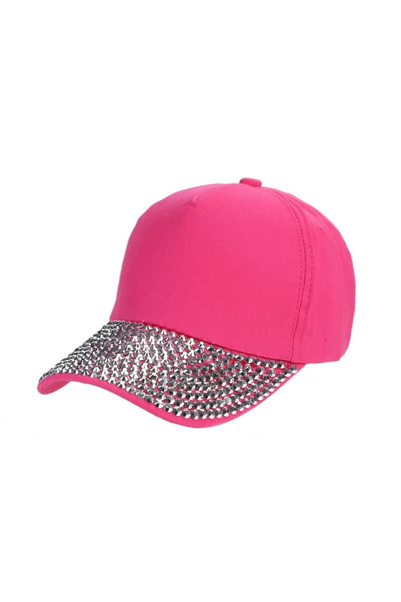 Women Rhinestone Crystals Adjustable Baseball Cap Plain Sparkle Sun Hat Hot Pink