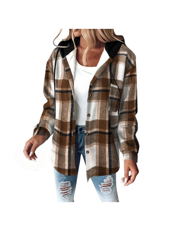 Women Shacket Women's Fleece Jacket Plaid Shirt Women Fleece Coats for Women Womens Jacket with Hood Plaid Fleece Jacket Women Spring Jackets Brown S