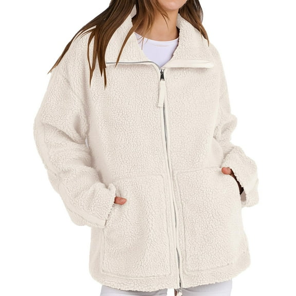 Vinsonshop Women Sherpa Jacket Teddy Coat for Women Warm Coats for Women Ladies Winter Coats Soft Fleece Jacket Women Zip Up Jacket Fuzzy Jackets for Women White L