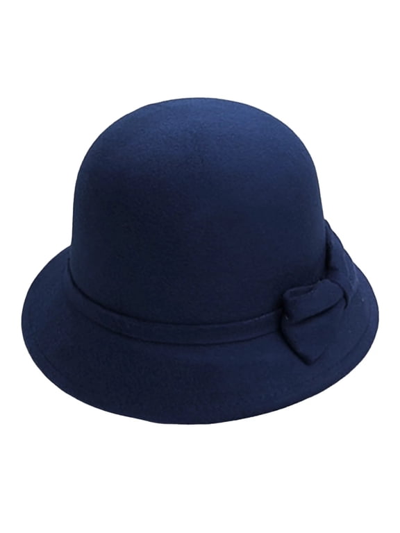 Women Vintage Wool Felt Flowers Bucket Cloche Bowler Hat Church Wedding Dress Fascinator Hat Winter Felt Fedoras Blue