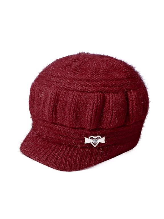 Women Winter Warm Knit Hat Wool Snow Ski Caps with Visor Red