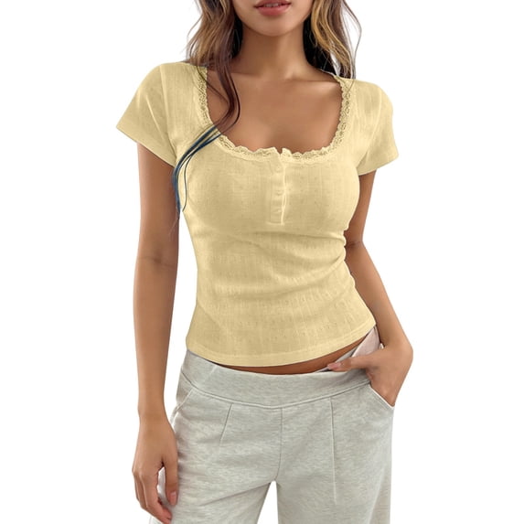 Vinsonshop Women Y2k Button Up Minimalist Crop Tshirt Tops Short Sleeve Lace Trim Scoop Neck Henley Summer Shirt Light Yellow M