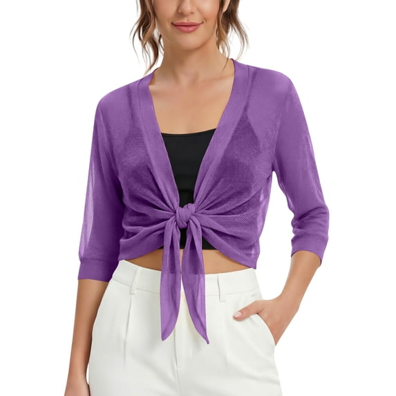 Vinsonshop Women's 2026 Summer Lightweight Short Bolero Cardigan Shrug Sheer Tie Front Top 3/4 Sleeve Jacket for Dress Purple M