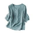thumbnail image 1 of Vinsonshop Women's Boho Shirts Embroidered Tops Cotton Linen Blouses 3/4 Sleeve Casual Loose Fit Tunic Tops Vintage Floral Peasant Shirts Summer Beach Vacation Wear Blue M, 1 of 4