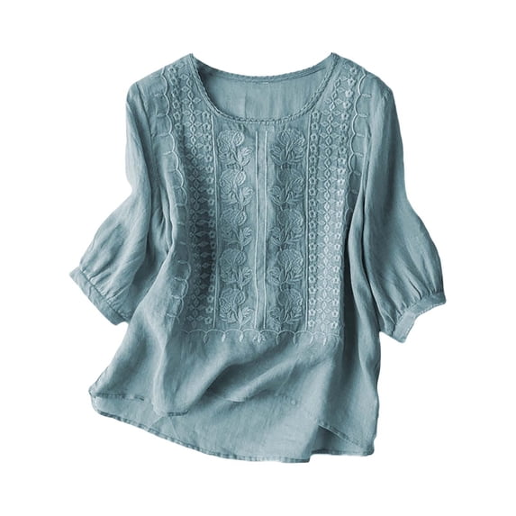 Vinsonshop Women's Boho Shirts Embroidered Tops Cotton Linen Blouses 3/4 Sleeve Casual Loose Fit Tunic Tops Vintage Floral Peasant Shirts Summer Beach Vacation Wear Blue M