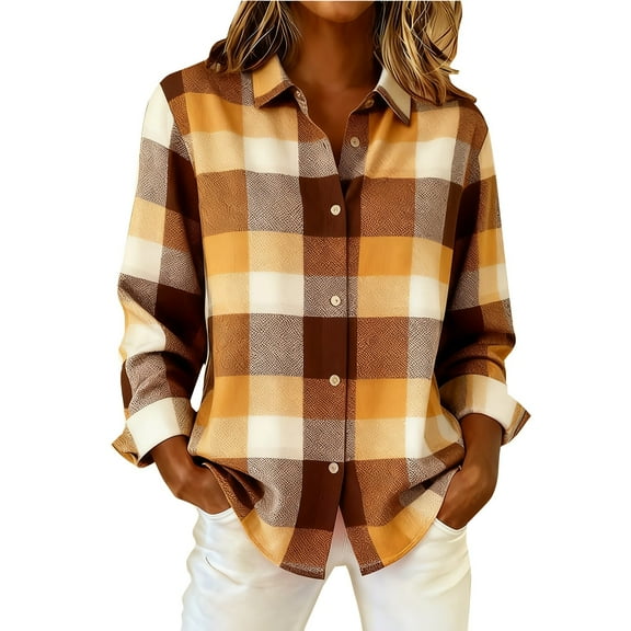 Vinsonshop Women's Button Down Shirts Women Plaid Shirt Loose Long Sleeve Shirts for Women Womens Collared Shirt Plaid Button Down Shirts for Women Blouses for Women Dressy Casual Coffee XL