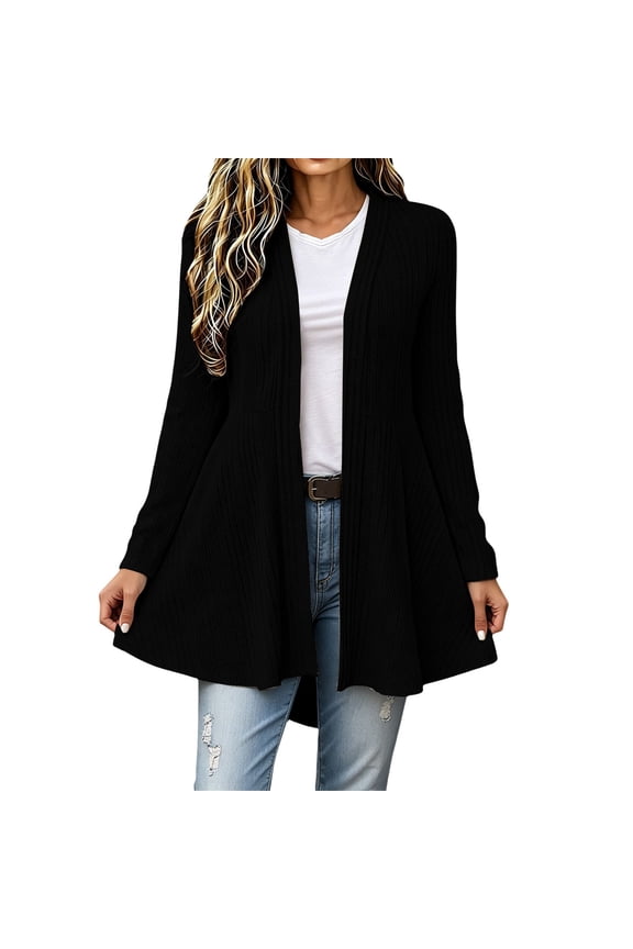 Women's Cardigan Sweaters Open Front Peplum Swing Hem Long Sleeve Ribbed Knit Lightweight Coats Casual Fall Winter Flowy Tops for Shopping Travel Black L