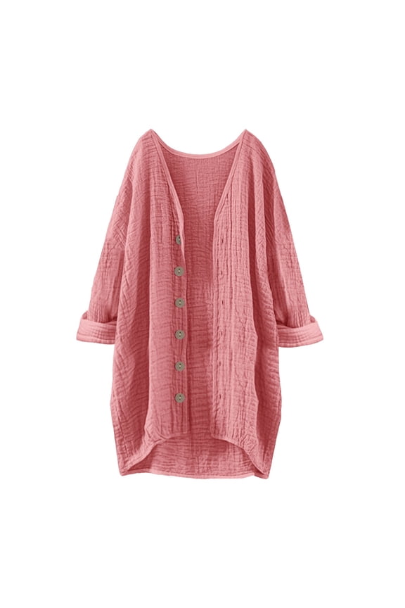 Women’s Casual Lightweight Open Front Cardigan Button Down Crinkle Cotton Blend Layering Top Breathable Comfortable Fit Watermelon Red XXL