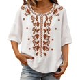 thumbnail image 1 of Vinsonshop Women's Cotton Linen Embroidered Boho Shirts Short Sleeve Crewneck Floral Blouses Casual Flowy Tunic Peasant Tops Lightweight Loose Fit Summer Everyday Outfits White L, 1 of 5