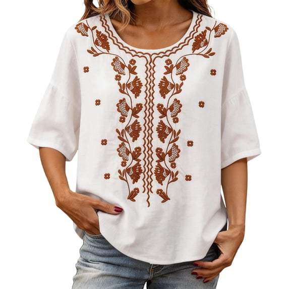 Vinsonshop Women's Cotton Linen Embroidered Boho Shirts Short Sleeve Crewneck Floral Blouses Casual Flowy Tunic Peasant Tops Lightweight Loose Fit Summer Everyday Outfits White L