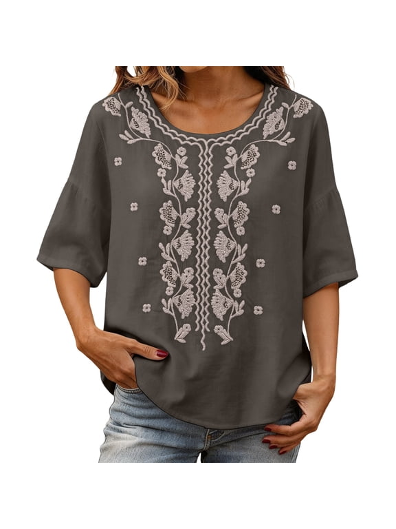 Women's Cotton Linen Embroidered Tops Short Sleeve Crewneck Boho Floral Blouses Casual Flowy Tunic Peasant Shirts Lightweight Loose Fit Summer Everyday Apparel Dark Gray L