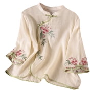 Vinsonshop Womens Cotton Linen Retro Chinese Frog Button Tops Traditional Mandarin Collar Shirts Floral Embroidered Blouse M-4XL