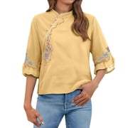 Vinsonshop Womens Cotton Linen Retro Chinese Frog Button Tops Traditional Mandarin Collar Shirts Floral Embroidered Blouse M-4XL