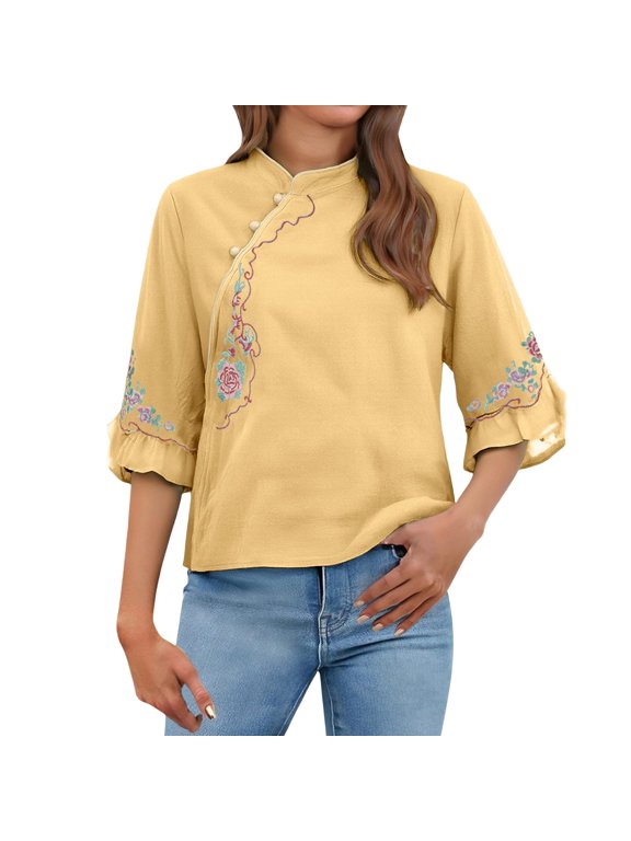 Women's Cotton Linen Retro Chinese Frog Button Tops Traditional Mandarin Collar Shirts Floral Embroidered Blouse (M-4XL)