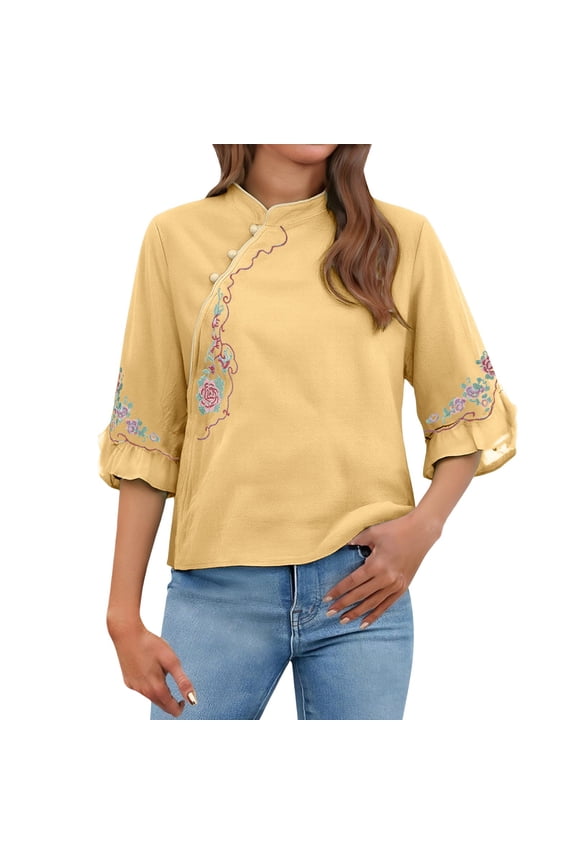 Women's Cotton Linen Retro Chinese Frog Button Tops Traditional Mandarin Collar Shirts Floral Embroidered Blouse (M-4XL)