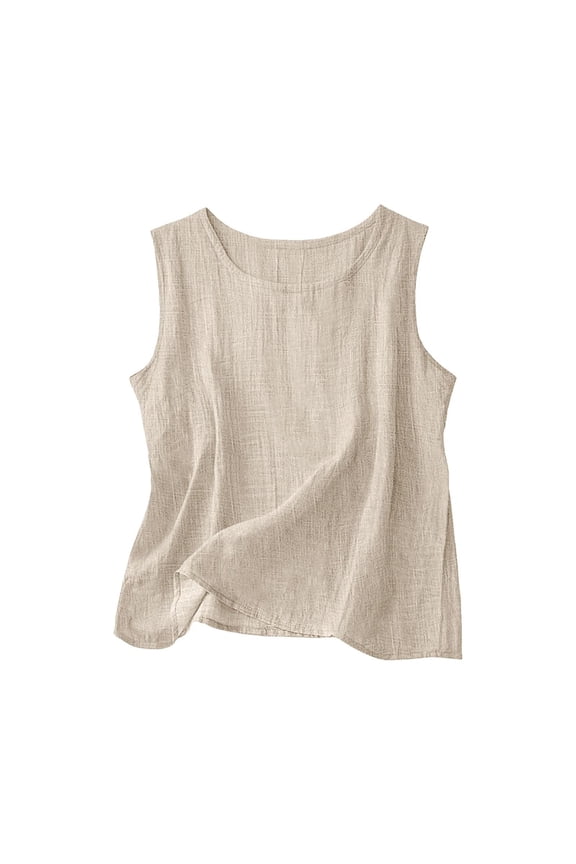Women's Cotton Linen Tank Top Sleeveless Crew Neck Tunic Loose Fit Casual Summer Lightweight Breathable Shirt Solid Color Comfy Flowy Vest Blouse (S-5XL)