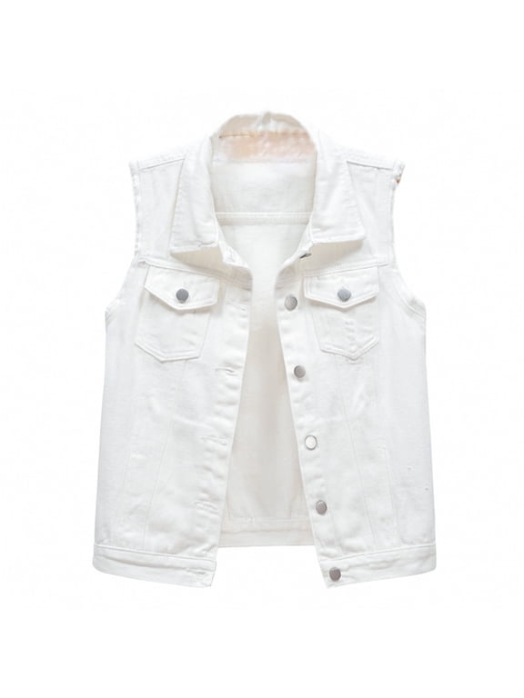 Women's Cropped Denim Vest Top Button Down Sleeveless Jean Jacket Waistcoat Gilet with Pockets White L