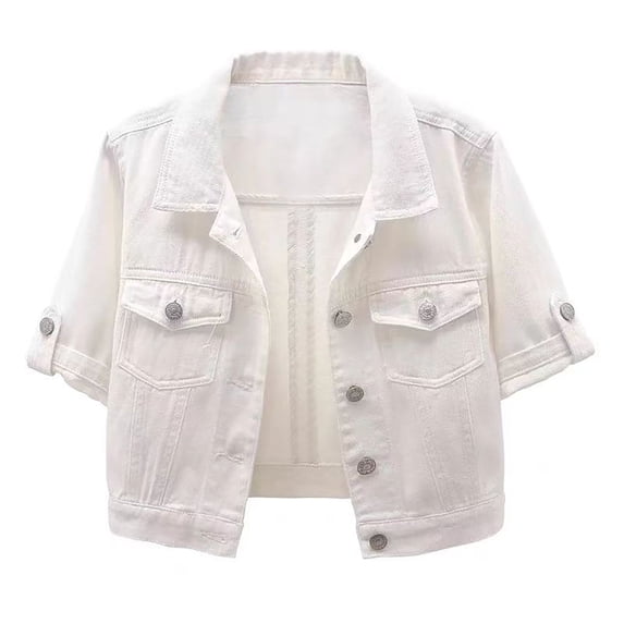 Vinsonshop Women's Cropped Jean Jacket with Button Closure, Rolled Sleeves, Versatile Denim Outerwear summer jackets for women White 3XL