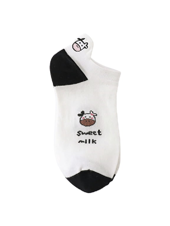 Women's Cute Cow Ankle Socks Sweet Milk Print Kawaii Novelty Low Cut Socks Black One Size