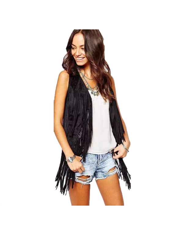 Women's Fringe Vest 60s 70s Hippie Vest Sleeveless Cowgirl Western Faux Suede Tassel Leather Jacket Hippie Party Black L