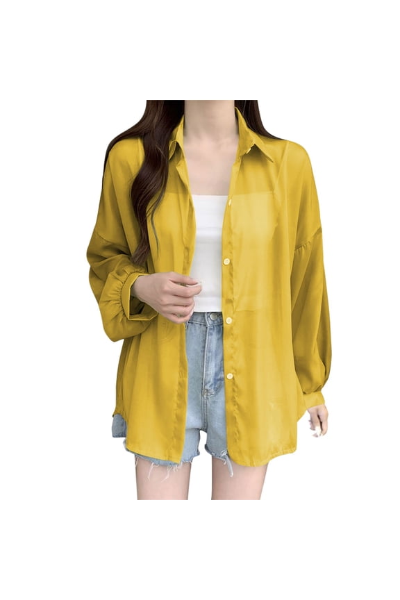 Women's Lightweight Sheer Chiffon Blouse Long Sleeve Button Down Loose Fit Casual Summer Shirt Oversized Flowy Solid Color Work Top Yellow L