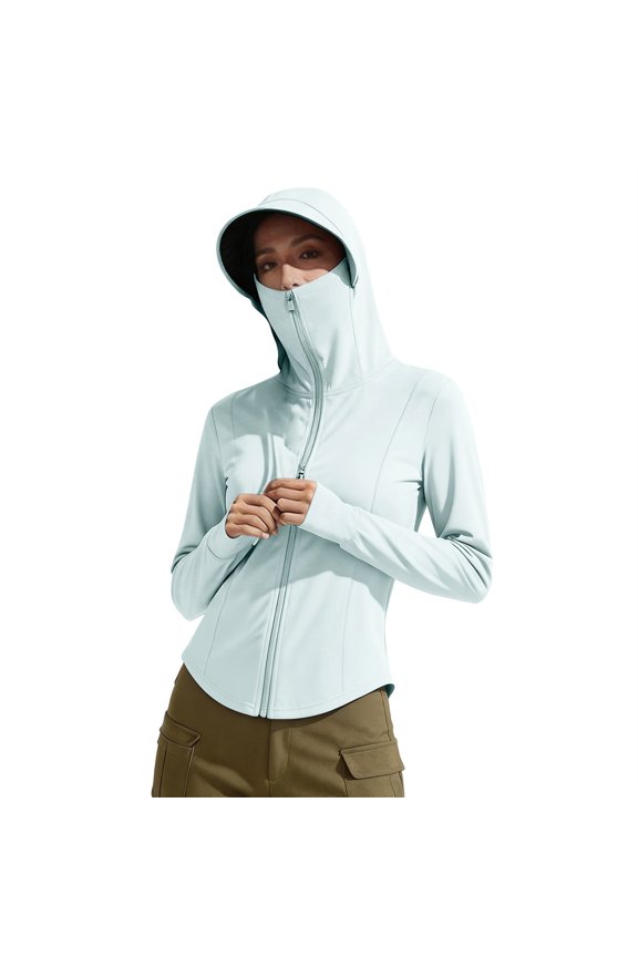 Women's Lightweight UPF 50+ Sun Protection Hoodie Long Sleeve Full Zip Jacket with Hood & Face Cover for Hiking Travel Beach Mint Green L
