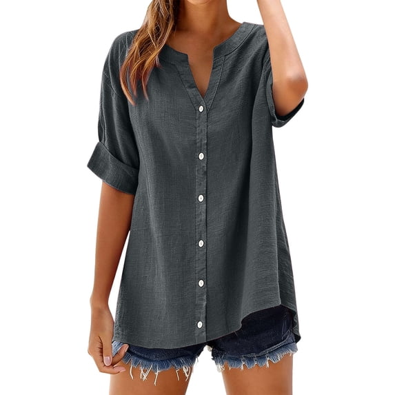 Vinsonshop Women's Linen Button-down Shirts Cotton Shirts Casual Comfort Work Tops Summer Cotton Work Blouses Summer Gauze Shirts Camisas Para Mujer Loose Top Linen Clothes for Women Gray XXL
