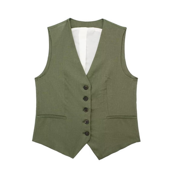 Vinsonshop Women's Linen Vest Sleeveless Button Down V Neck Formal Business Waistcoat Army Green L