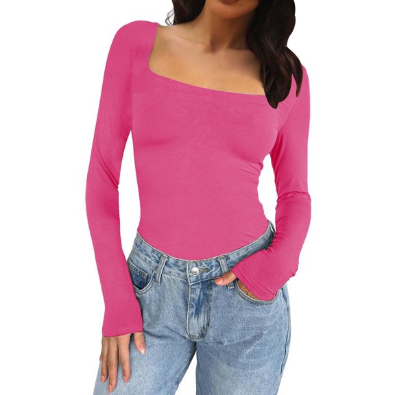 Vinsonshop Women's Long Sleeve Basic Tops Square Neck Slim Fit Casual Tee Everyday Wear Fall Clothes Hot Pink XL