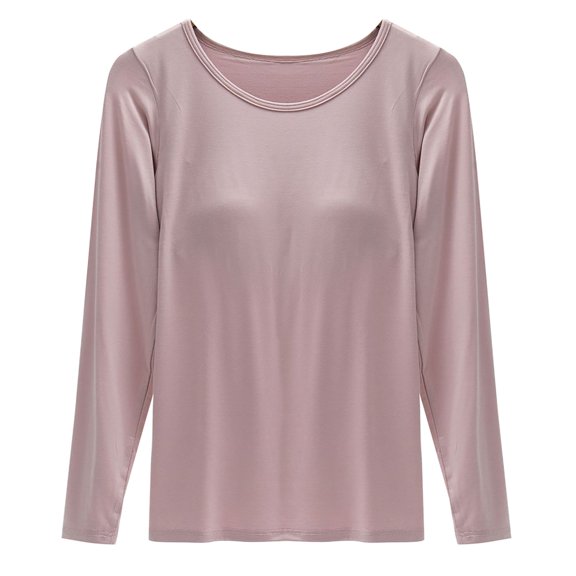 Vinsonshop Women's Long Sleeve Casual T-shirts Built in Bra Slim Fit Crewneck Stretch Layering Base Layer Pink XL