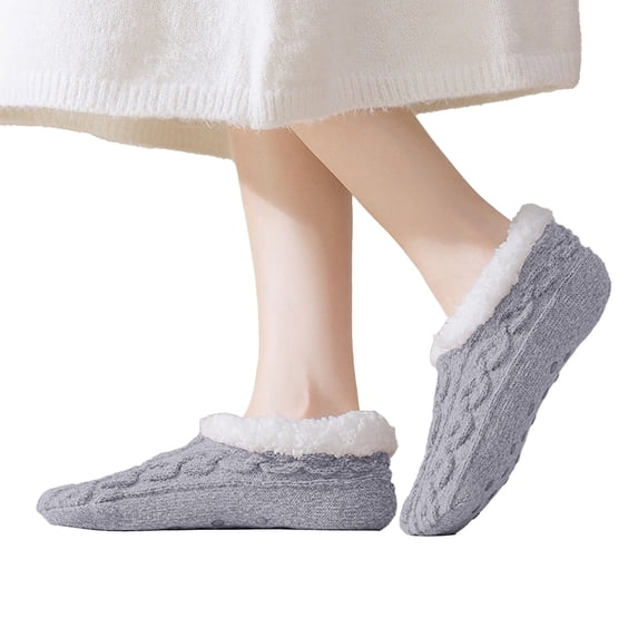 Vinsonshop Women's Non Slip Slipper Socks Cable Knit Fuzzy Fleece Lined Winter Warm House Slippers Light Gray One Size