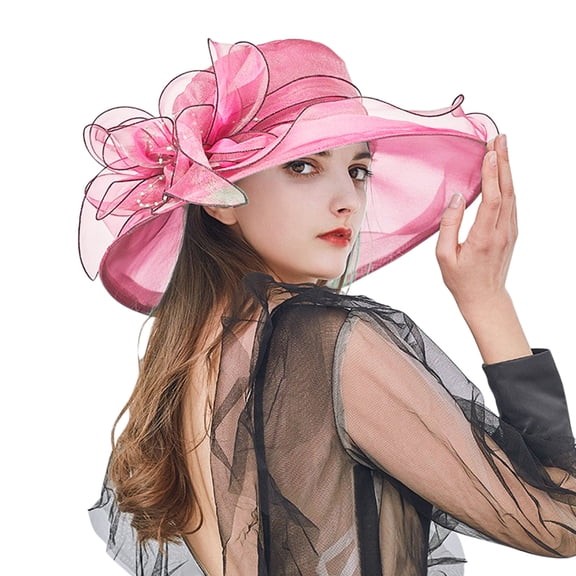Vinsonshop Women's Organza Church British Fascinator Bridal Tea Party Wedding Hat Summer Ruffles Cap Hot Pink