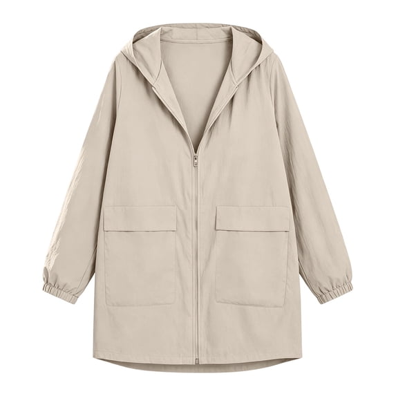 Vinsonshop Women's Raincoats Lightweight Waterproof Windproof Adjustable Windbreaker Rain Jackets Hooded with Pockets Beige L