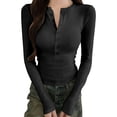 thumbnail image 1 of Vinsonshop Women's Ribbed Knit Henley Tops Long Sleeve Button Down V Neck Slim Fit Casual Shirts Fall Fashion Black XL, 1 of 4