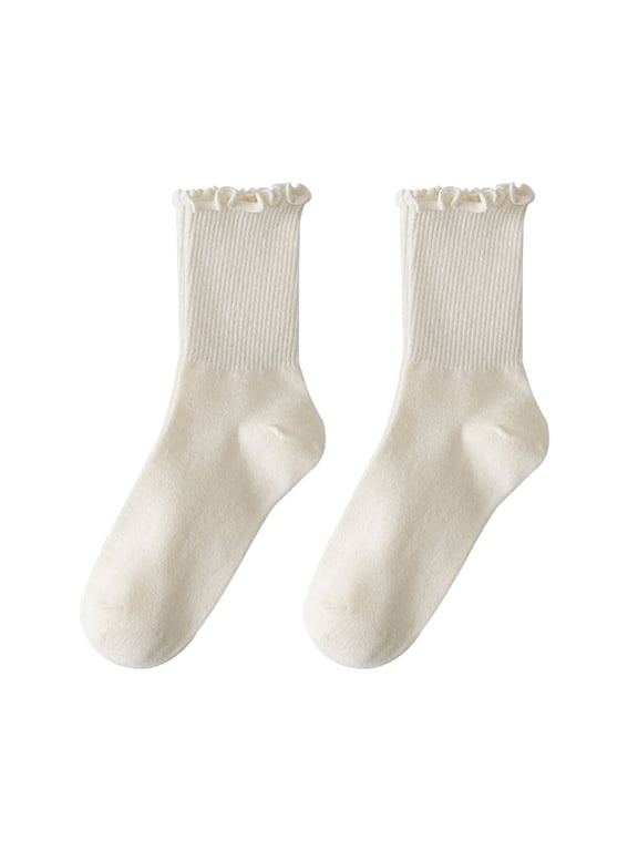 Women's Ruffle Cuff Crew Socks Ribbed Knit Solid Color Casual Cotton Socks Beige One Size