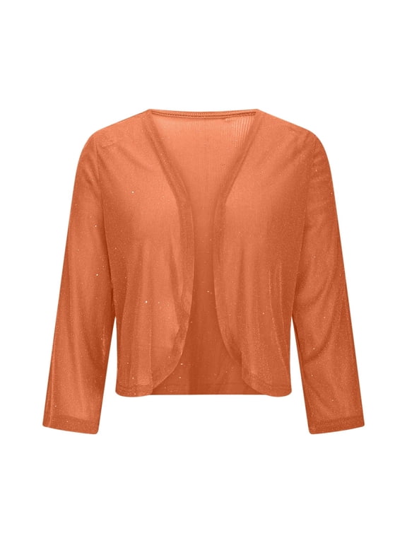 Women's Sequin Shrug Jacket Long Sleeve Open Front Glitter Blazer Bolero Wedding Party Sparkly Cropped Cardigan Orange S