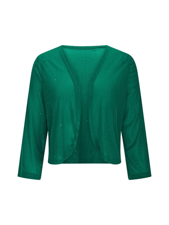Women's Sheer Mesh Crop Shrug long Sleeve Sequin Bolero Glitter Lightweight Cardigan Jacket Dark Green XXL