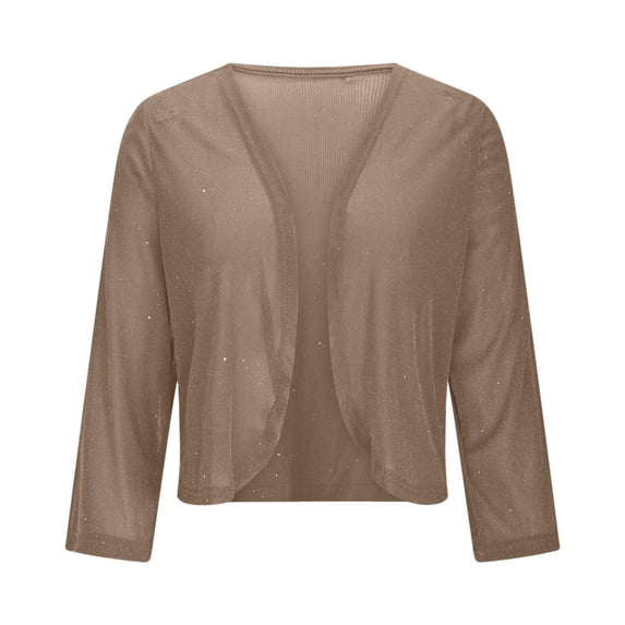 Vinsonshop Women's Sheer Mesh Crop Shrug long Sleeve Sequin Bolero Glitter Lightweight Cardigan Jacket Khaki L