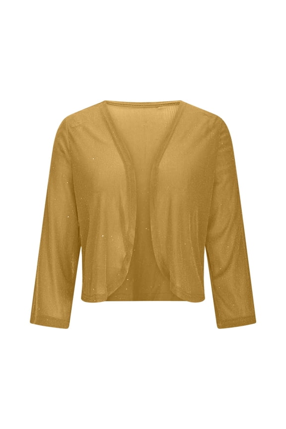 Women's Sheer Mesh Crop Shrug long Sleeve Sequin Bolero Glitter Lightweight Cardigan Jacket Yellow L