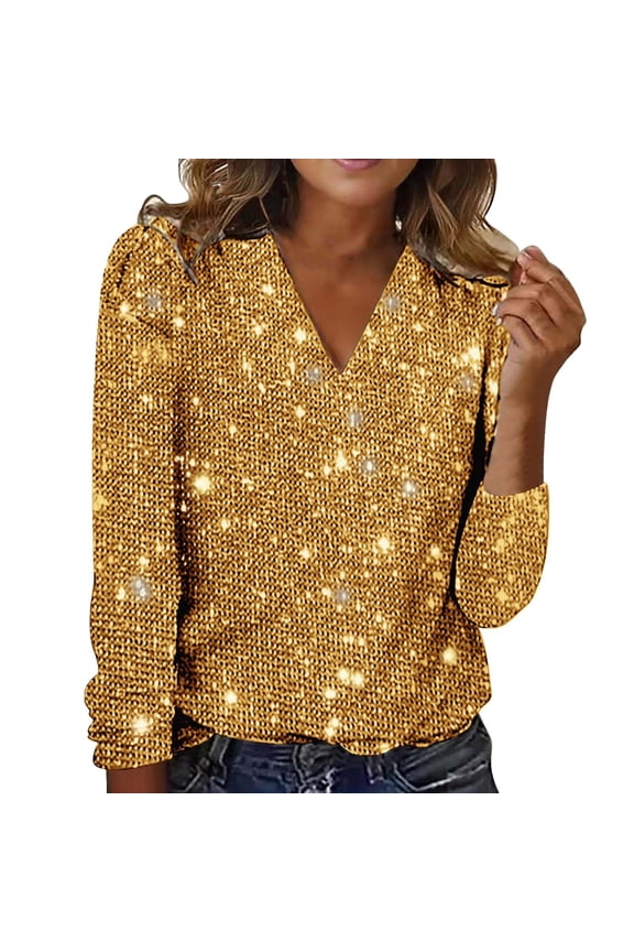 Women's Sparkly Metallic Gold Sequin Long Sleeve V-neck Blouse Glitter Shimmer Party Evening Dressy Top Shiny Holiday Shirt Yellow XL