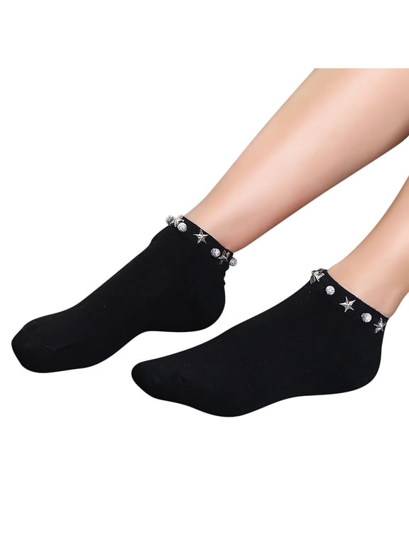 Women's Star Studded Ankle Socks Embellished Cuff Low Cut Casual Socks Black One Size