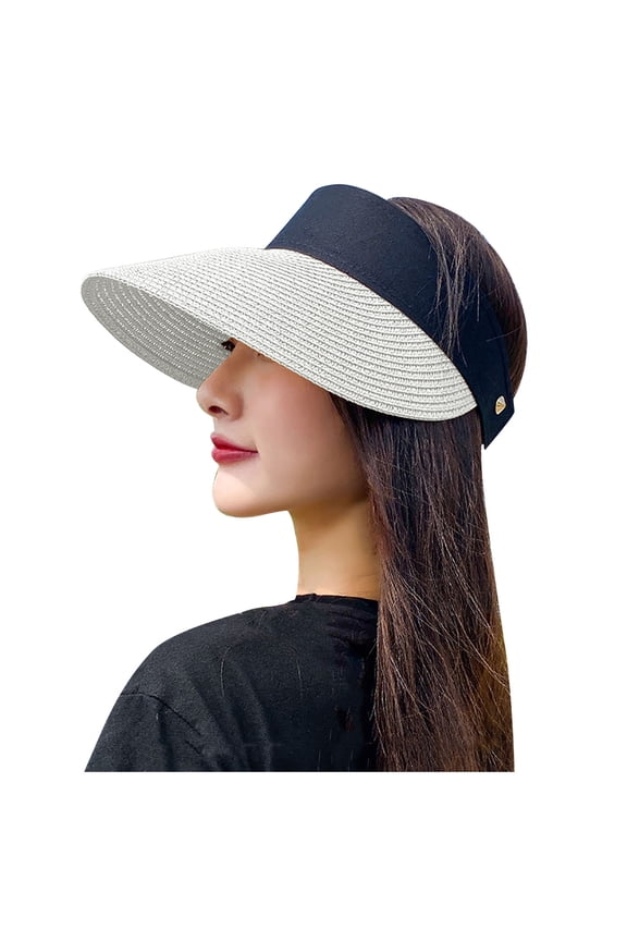 Women’s Sun Visor Hat – Wide Brim Straw Beach Visor, Summer Ponytail Hat for Uv Protection and Travel Use White