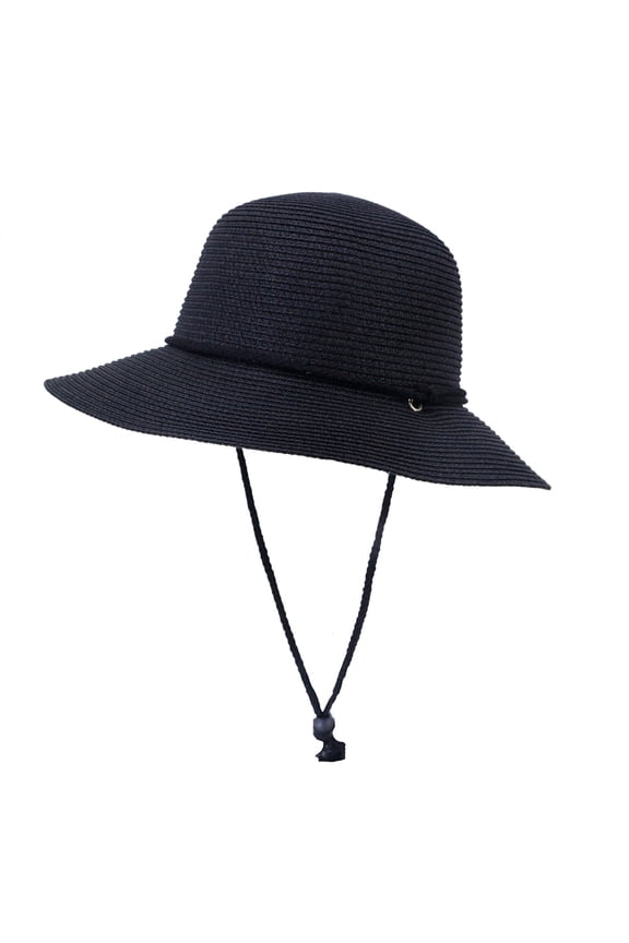 Women’s Travel Straw Fedora Hat – Wide Brim Floppy Beach Sun Hat, Foldable Packable Summer Style Black