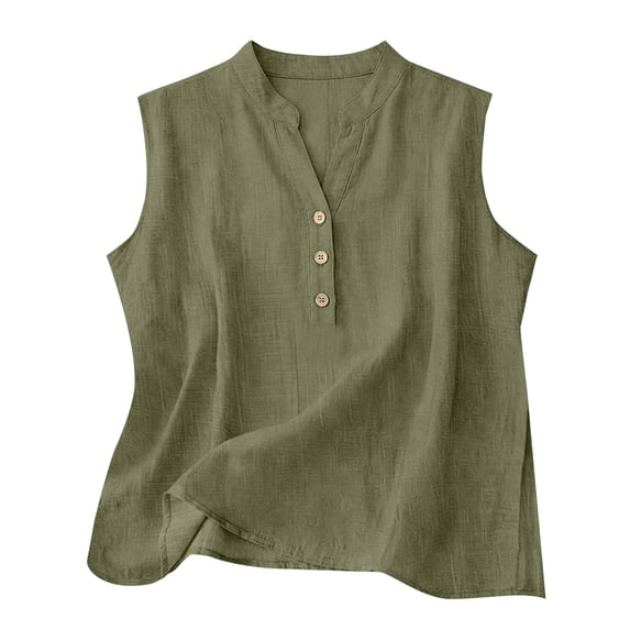 Vinsonshop Women's Tunic Tops for Leggings Casual Summer Cotton Linen Tank Shirts Sleeveless Henley V Neck Button Blouses Green L