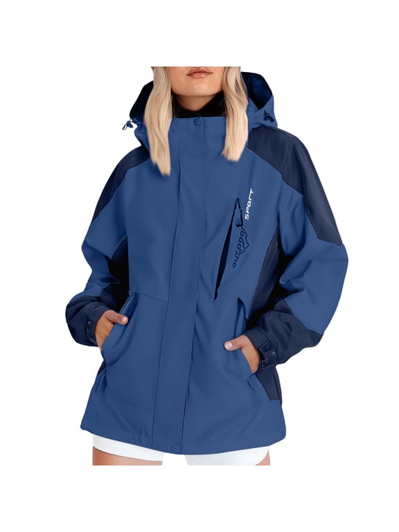 Women's Utility Rain Jacket Waterproof Hooded Windbreaker Colorblock Lightweight Outdoor Hiking Raincoat Athletic Activewear Techwear Gorpcore Jackets Blue L