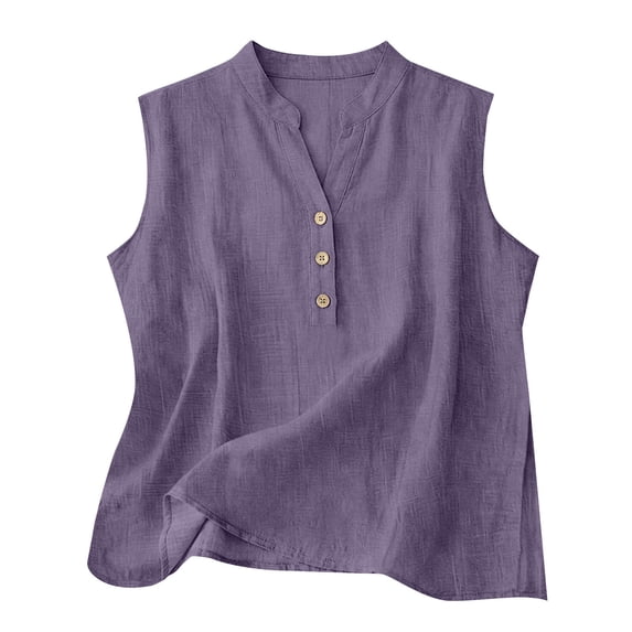 Vinsonshop Women's V Neck Henley Shirts Casual Cotton Linen Tank Tops Sleeveless Button Down Loose Fit Summer Flowy Blouses Purple S