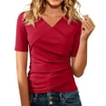 thumbnail image 1 of Vinsonshop Women's V Neck Wrap Short Sleeve Blouse Cross Front Ruched Top Casual Slim Fit Elegant Shirt Red M, 1 of 7