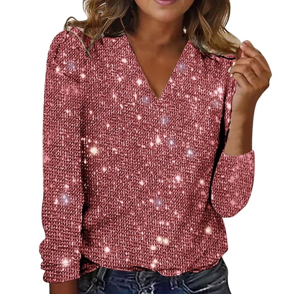 Vinsonshop Women's V-neck Long Sleeve Sequin Blouse Sparkly Glitter Metallic Shimmer Party Top Evening Dressy Shirt Pink M