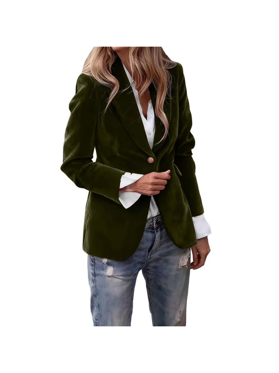 Women's Velvet Suit Blazer Jacket Casual Office Work Long Sleeve Single Button Jacket Coat Blazer Pockets Dark Green S